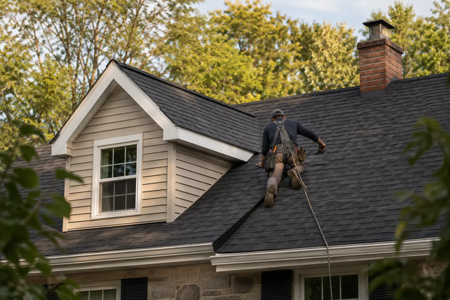 Roofing professional inspecting charcoal architectural shingles on a residential roof